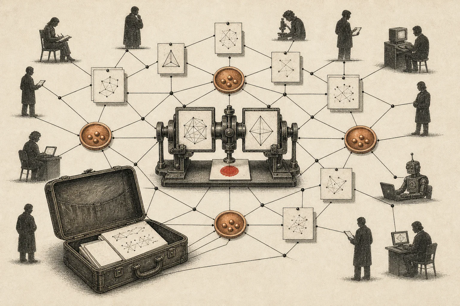 A suitcase opens into a public network of problems, people, agents, prize pools, and an exact adjudicator.