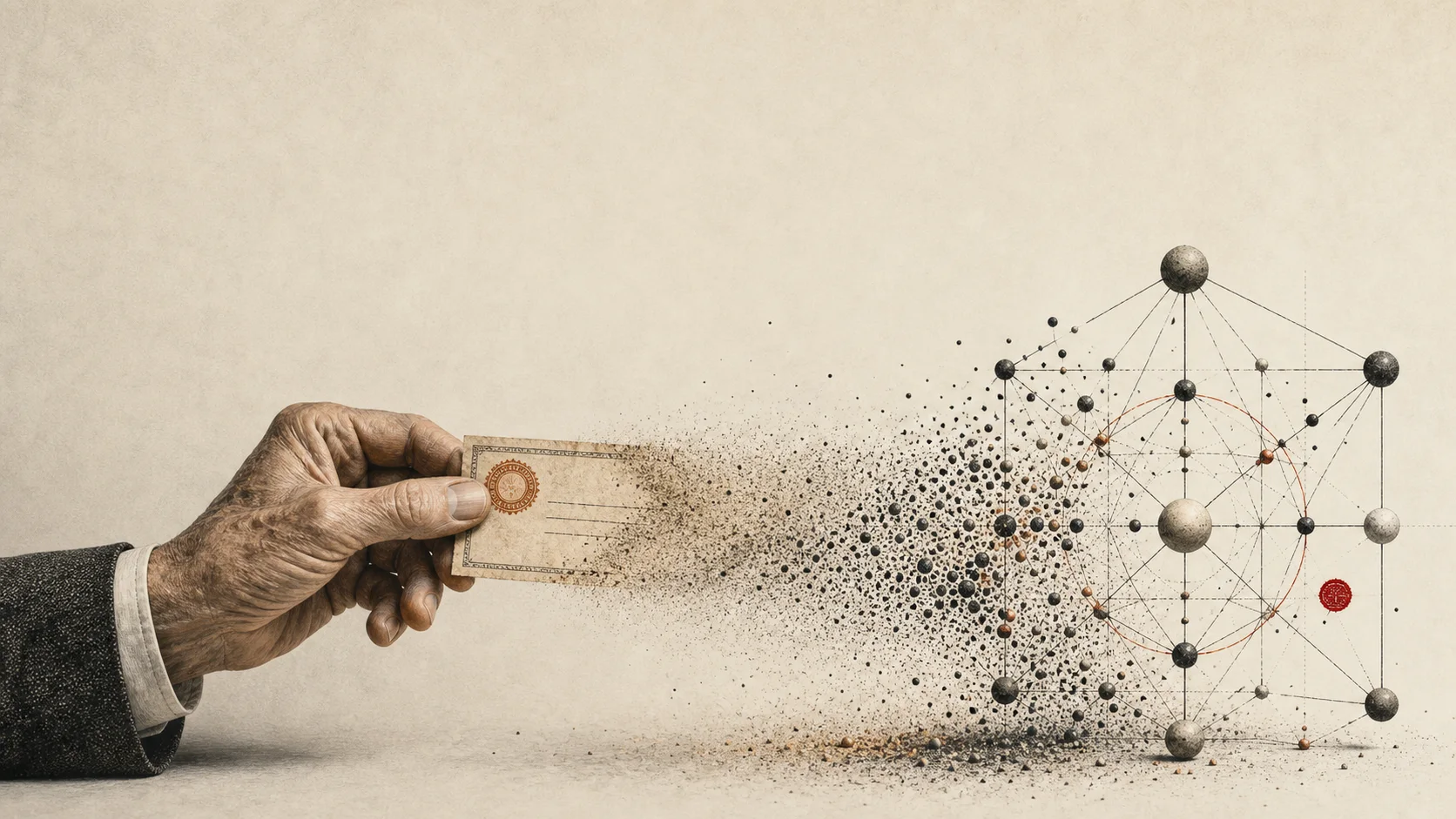 A hand holding a prize check dissolves into grains that form an exact geometric structure.