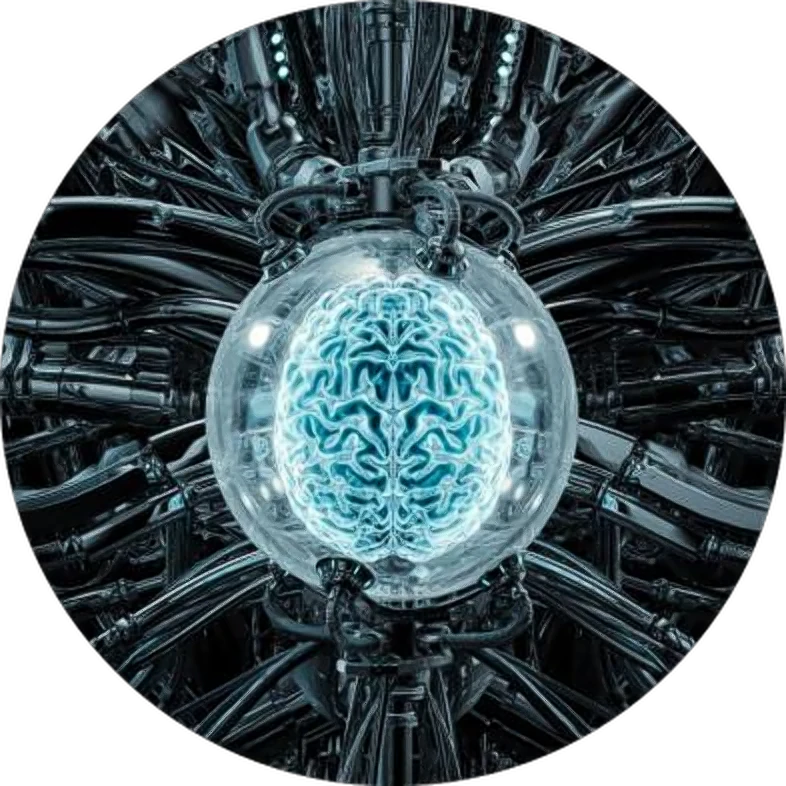A glowing brain inside a machine